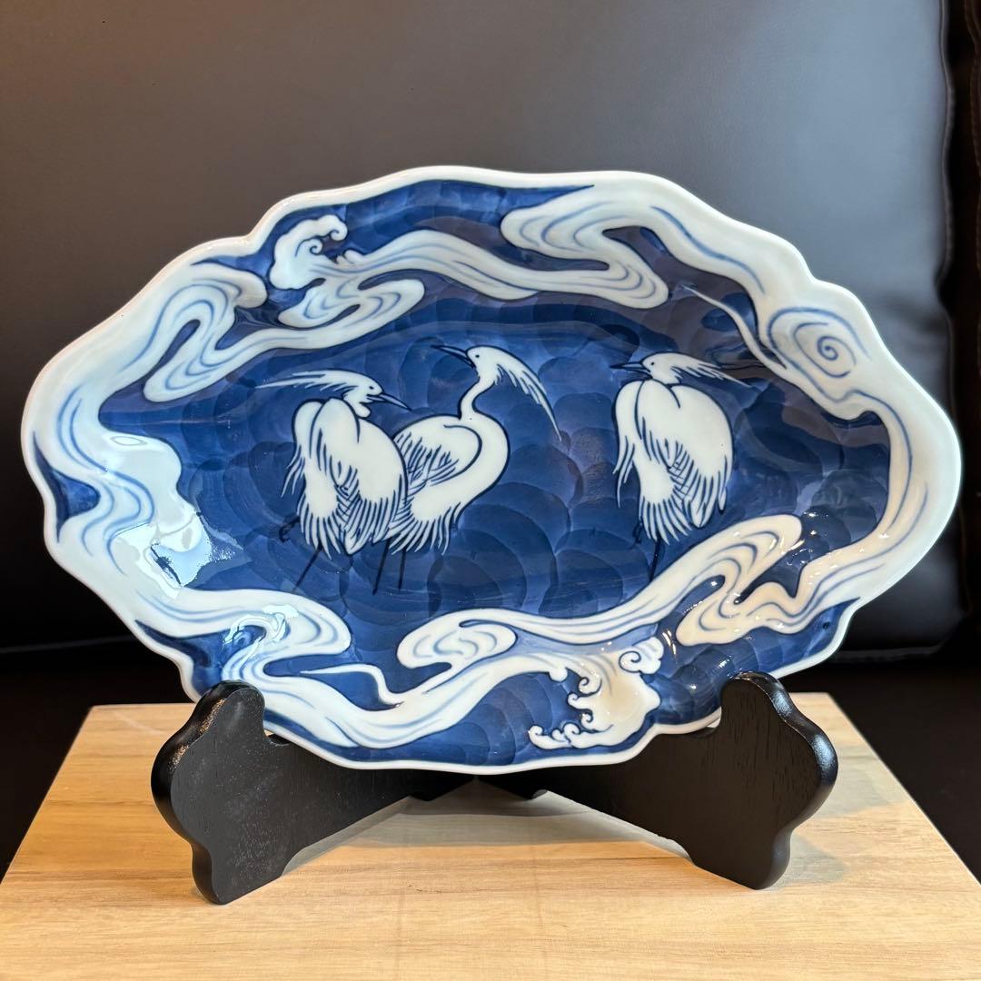 對山窯 藍田工房(人間国宝 加藤土師萌)造 鍋島写 染付鷺絵 浪形皿 裏印あり