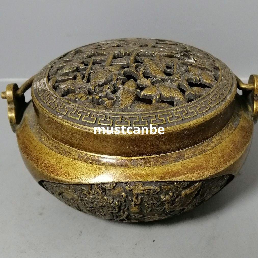 銅器 牡丹花透かし彫り蓋龍鳳呈祥香炉 暖手炉 香道具 工芸品 置物