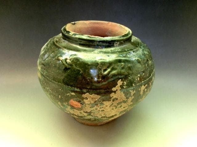 壷■緑釉 丸壺 古い花瓶 オブジェ 土器 須恵器 古玩 唐物 中国 時代物 骨董