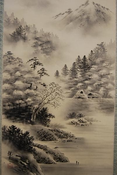 真作/観月/山水釣人図/布袋屋掛軸HB-313