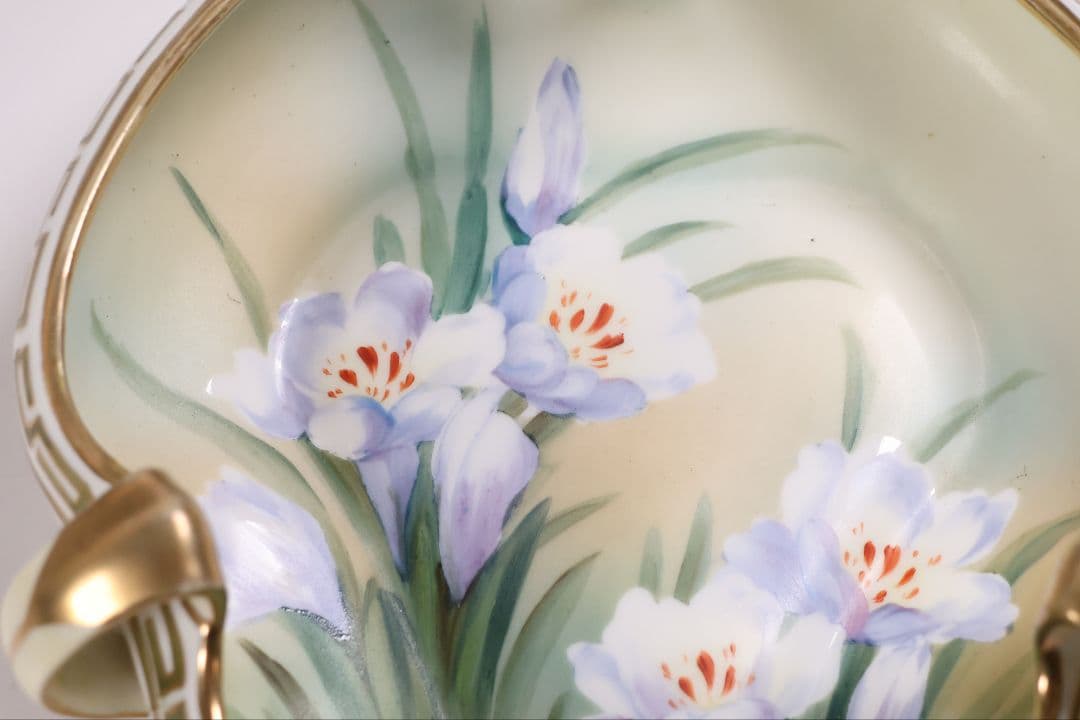 【CM307】オールドノリタケ 草花 三耳 皿 鉢 幅18.3cm 金彩 水仙