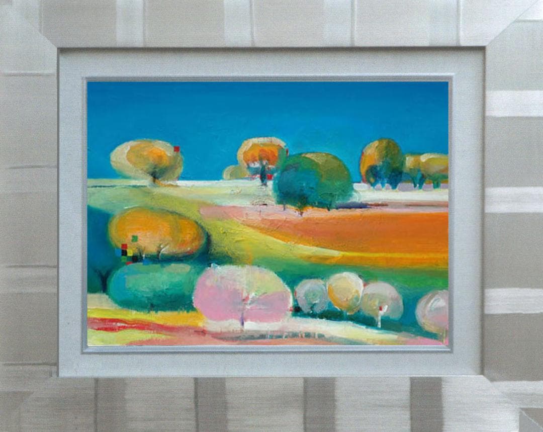 油絵 菅家令子 絵画インテリア額付(青緑＋金色の枠)uF6-110809風景田園