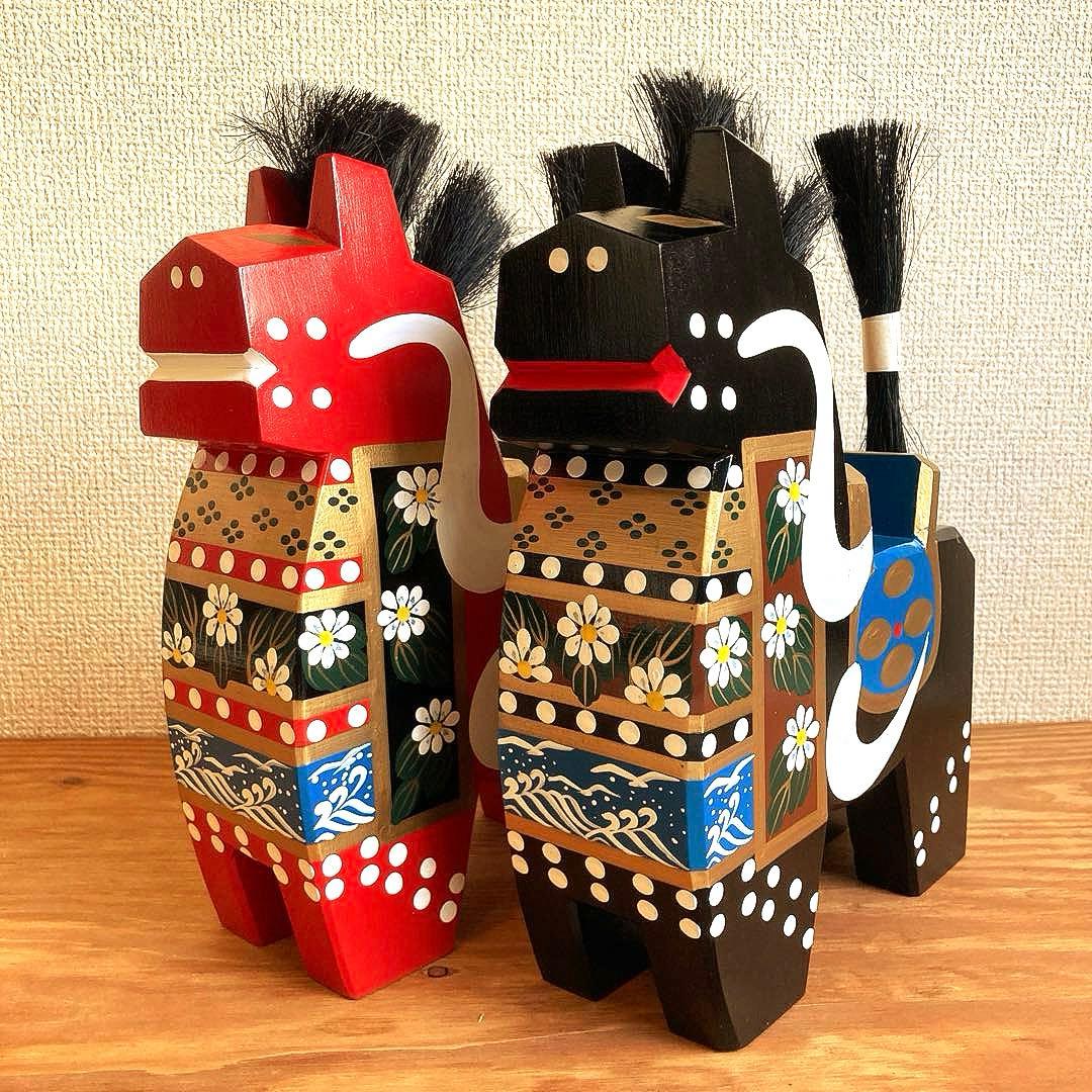 アンティーク八幡馬　約24cm　八戸郷土玩具　赤黒2体セット