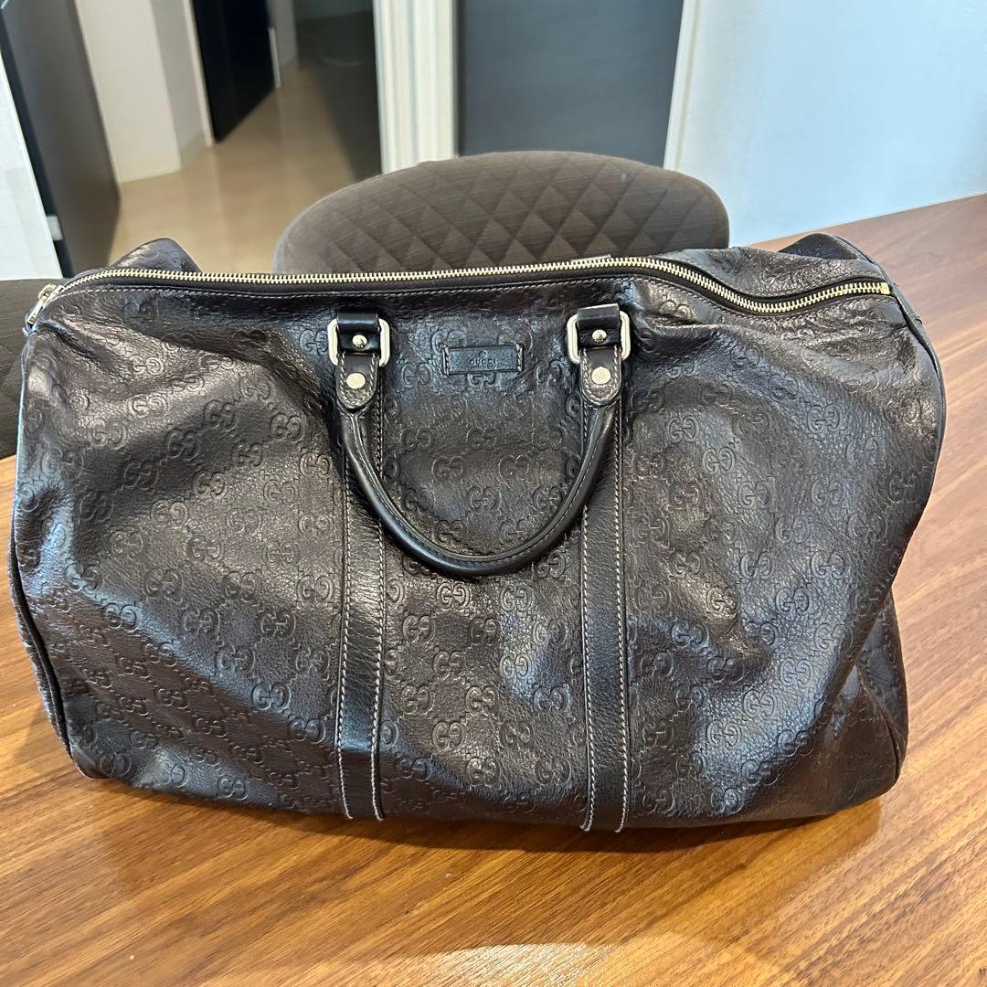値下げ【GUCCI】グッチ シマレザー ユニセックス ボストンバッグ　茶
