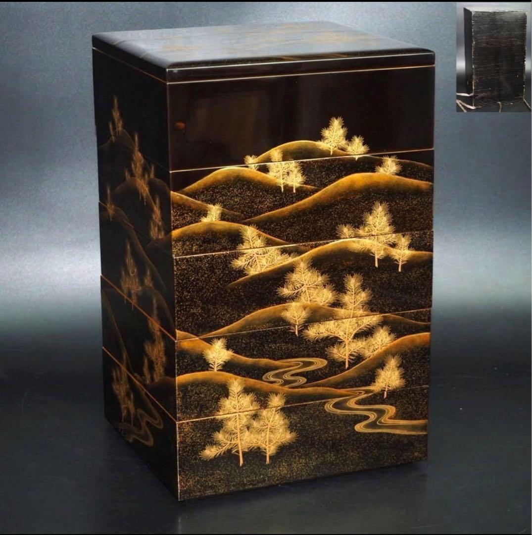 送料無料　旧家蔵出時代輪島塗 本金使用 金蒔絵根５重箱　変え蓋月付　大美品　共箱