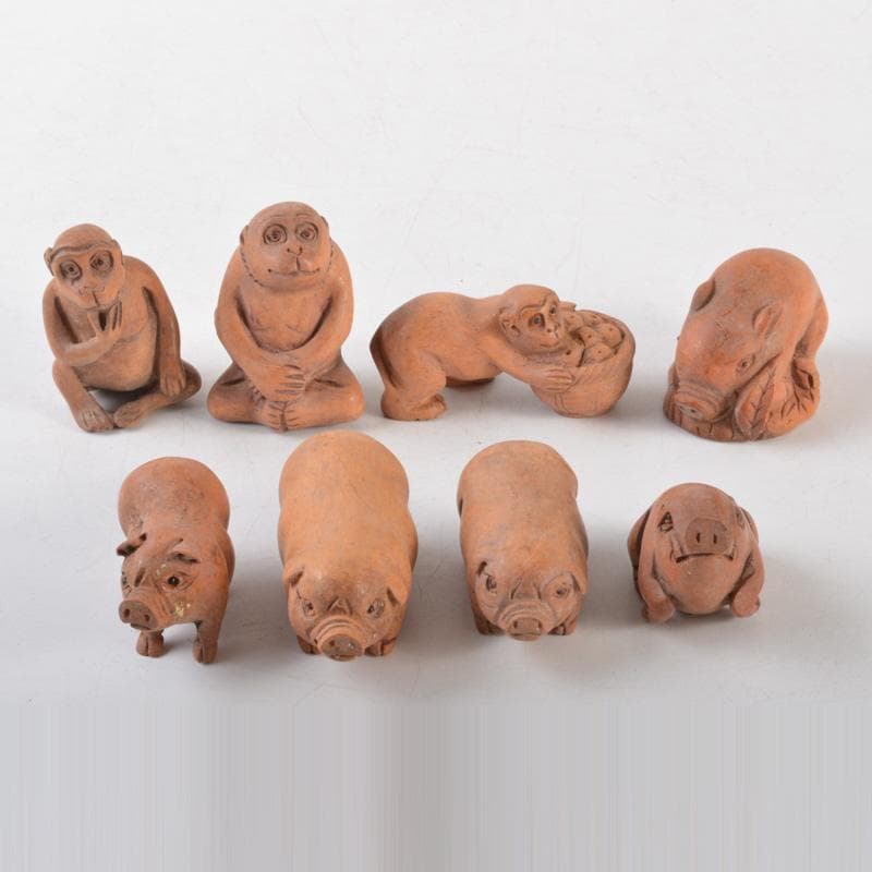 時代提げ物　唐木黄楊木彫刻　犬・猿・豚など　根付　置物　21点　M　5531