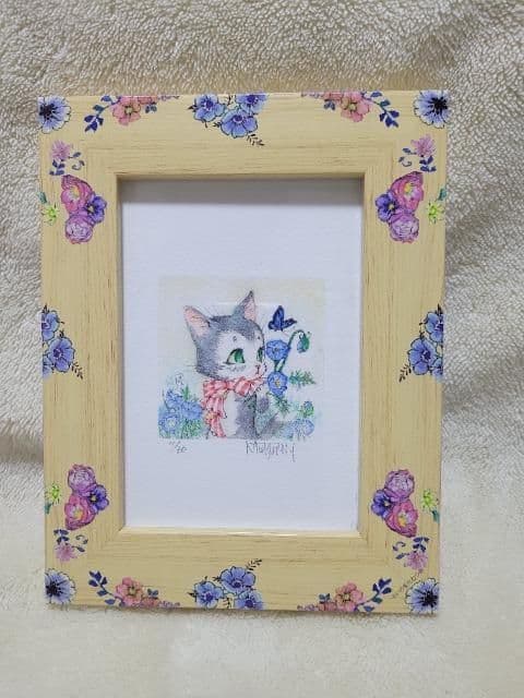 いのまたむつみ ミニ版画(猫)「青い花」直筆サイン入り/限定30枚