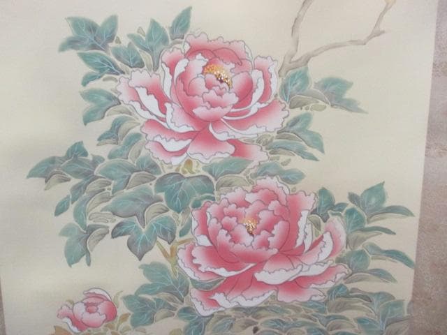 【未使用品】掛軸 佐藤和三『牡丹』日本画 絹本 箱付 掛け軸 L01408