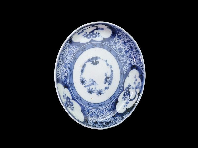古伊万里　染付 窓絵　松竹梅に萩唐草の図　５寸半皿　291AS-CWt