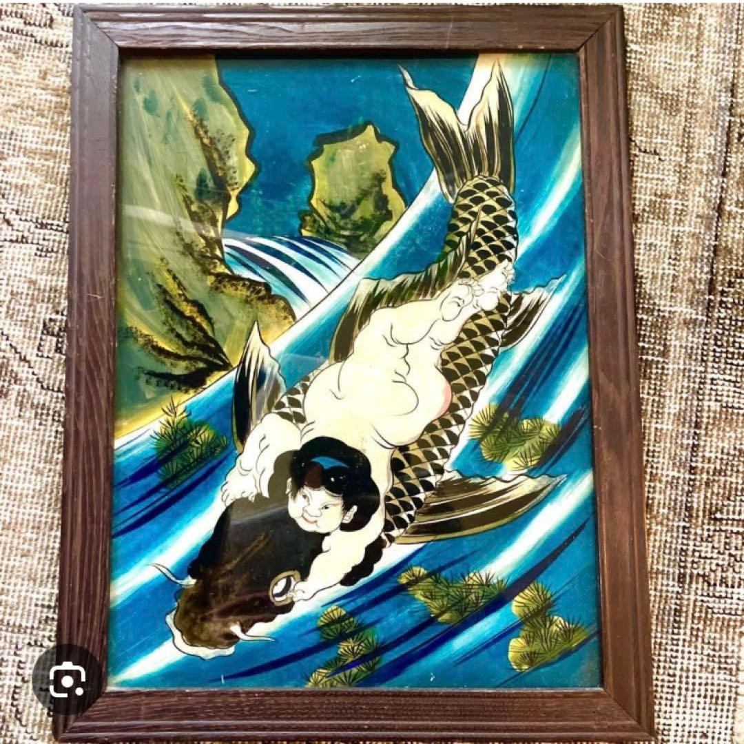 希少！【明治時代ガラス絵】金太郎　鯉つかみ図 手描き　古美術　骨董