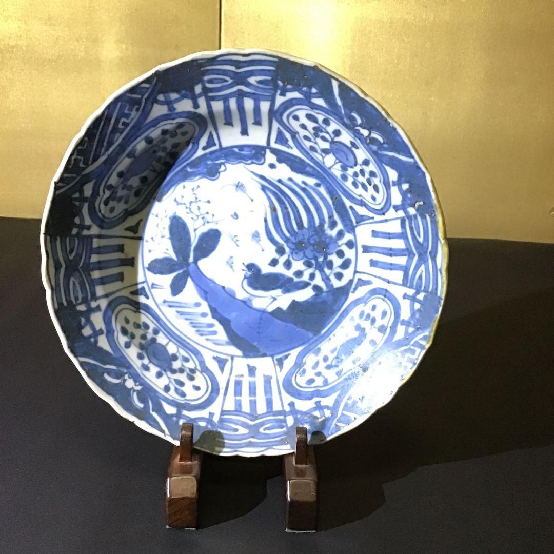 明朝青呉須花鳥図中皿　希少