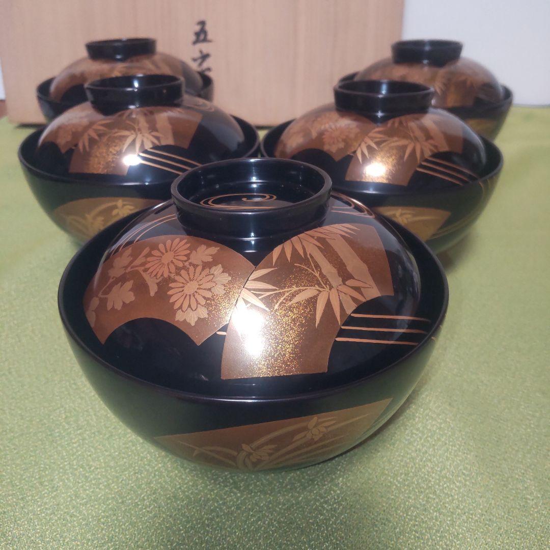 輪島塗 金 蒔絵 扇面 蓋付 椀 吸物椀 竹 梅 木箱 伝統工芸