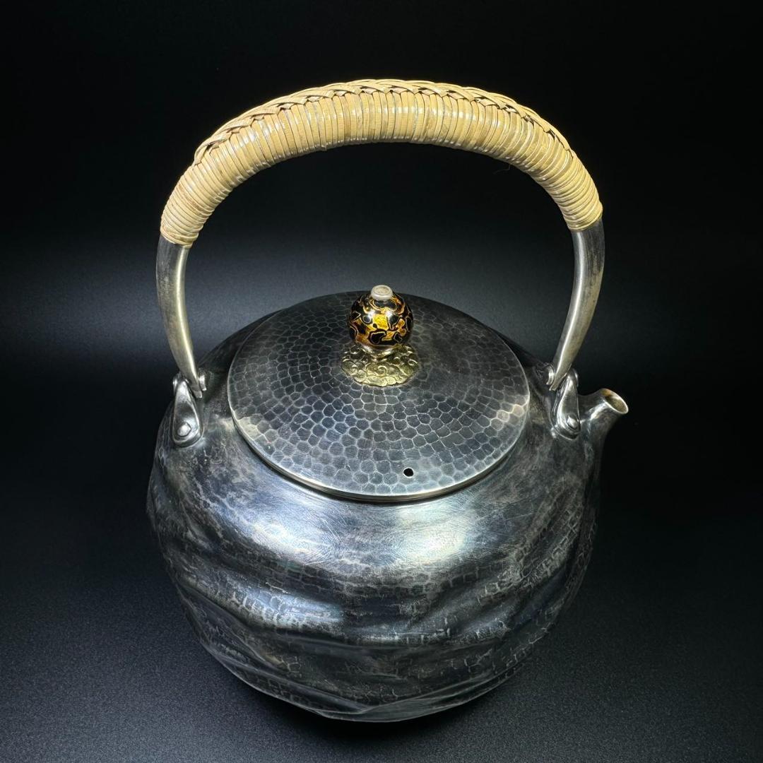 純銀製 金壽堂造 槌目 湯沸 古美術品 銀瓶 煎茶道具 箱付 純銀保証