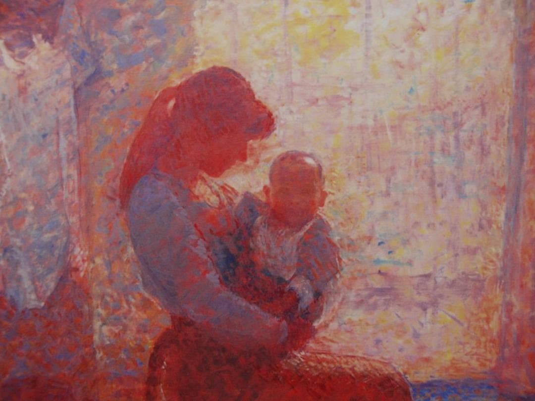 熊谷有展、母と子、希少画集画、新品高級額・額装付、状態良好