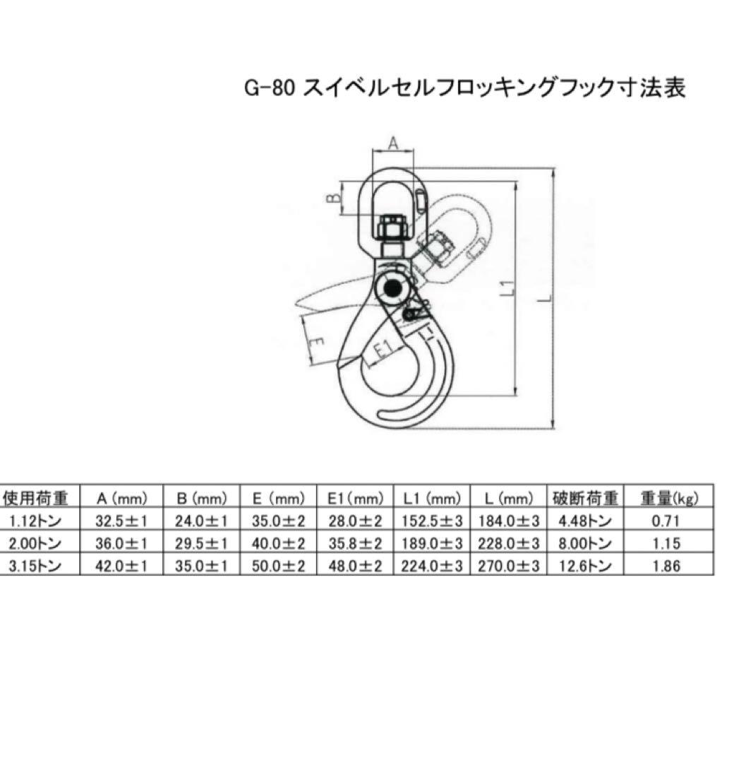 ラッチロックフック、スイベル付、2t用 、4個セット