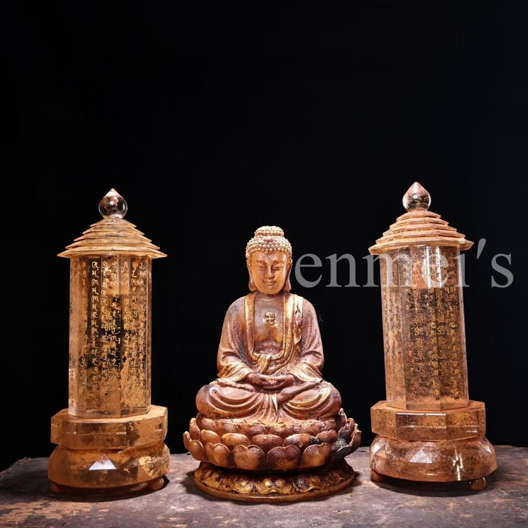 中国古美術·古水晶彫刻款・描金・釈迦牟尼仏祖 舍利塔 セット・金剛舍利子附・細工