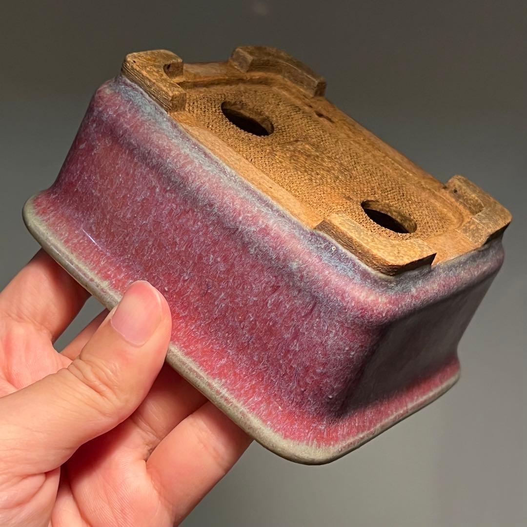 835.平安虹泉 紫釉抚角長方 盆栽鉢 植木鉢 11.7*9.7*5.7cm