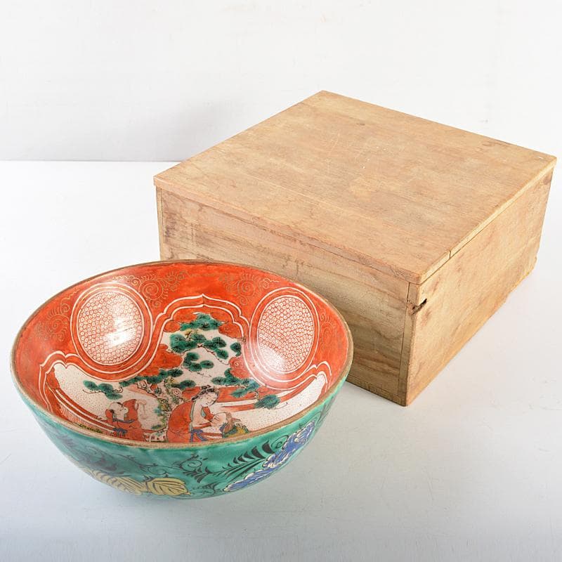 九谷焼　明治九谷　青手　赤絵人物文　鉢　時代箱付　M　R6057
