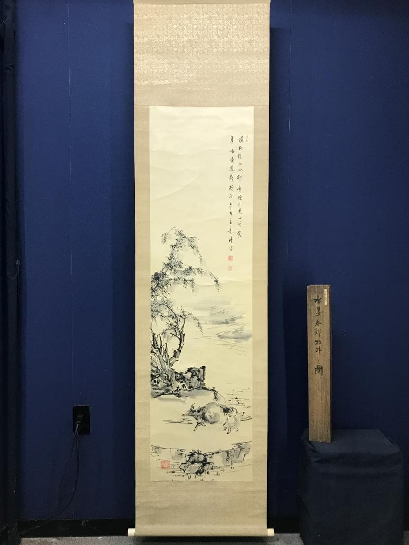 真作/小川清處/春郊牧牛画賛/牛/人物/布袋屋掛軸HB-138