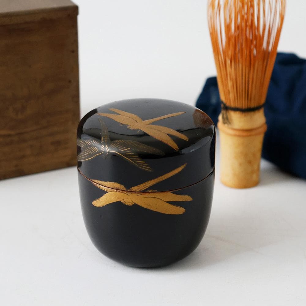 時代 輪島塗 木製 黒塗 棗 蜻蛉 蝶金蒔絵 勝虫 茶道具 漆器 漆芸