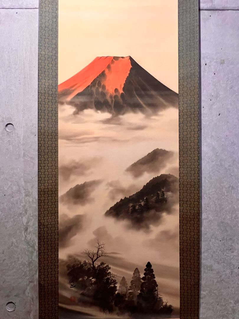 加瀬至 赤富士 肉筆 共箱 日本画 掛け軸 掛軸 正月 富士 縁起物 絵画アート