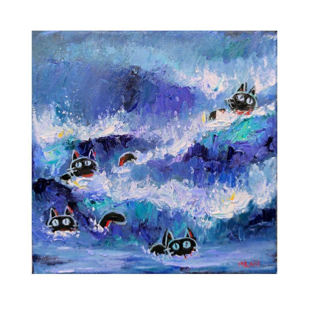 「波猫」　油絵　真作　原画　絵画　手描き