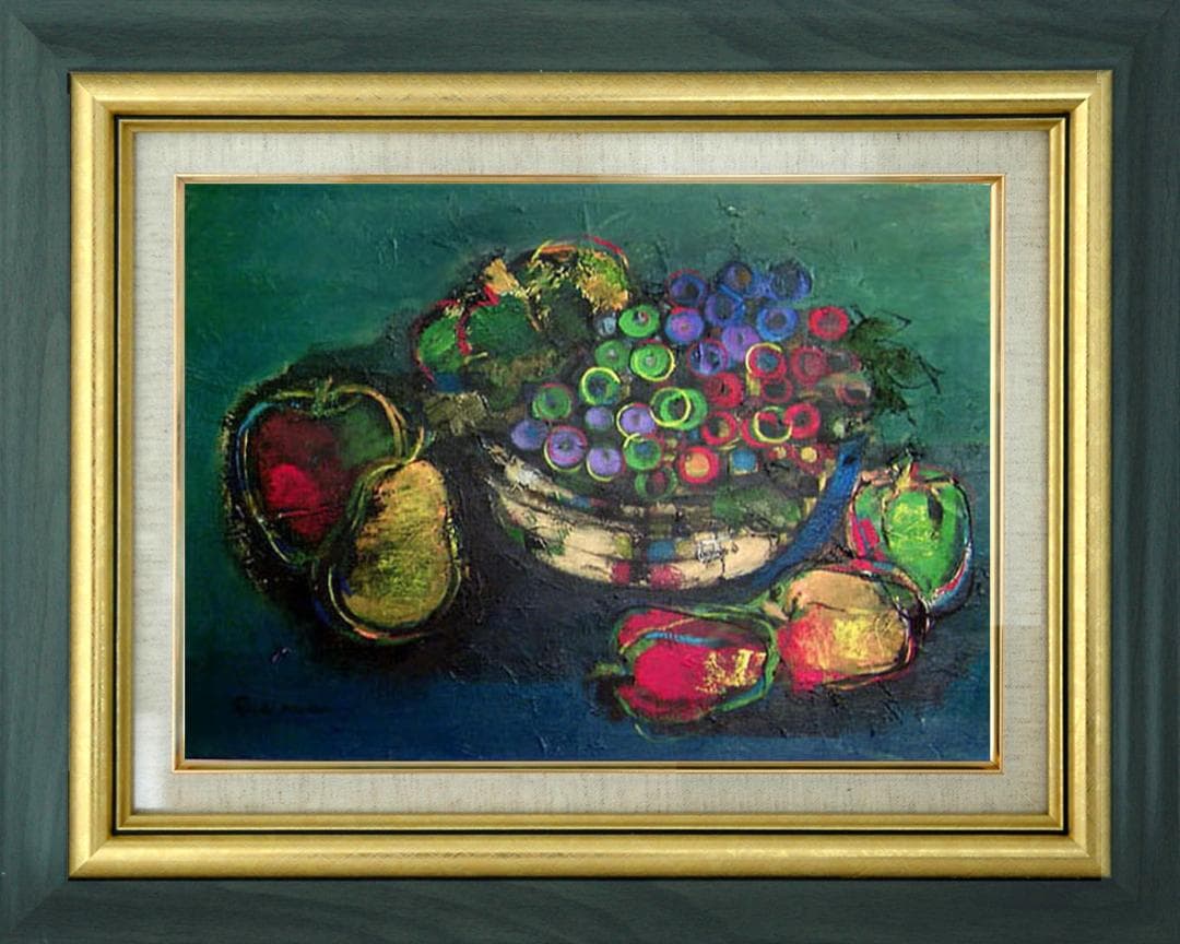 油絵 菅家令子 絵 絵画インテリア額付(青緑＋金色の枠)uF6-061304果物