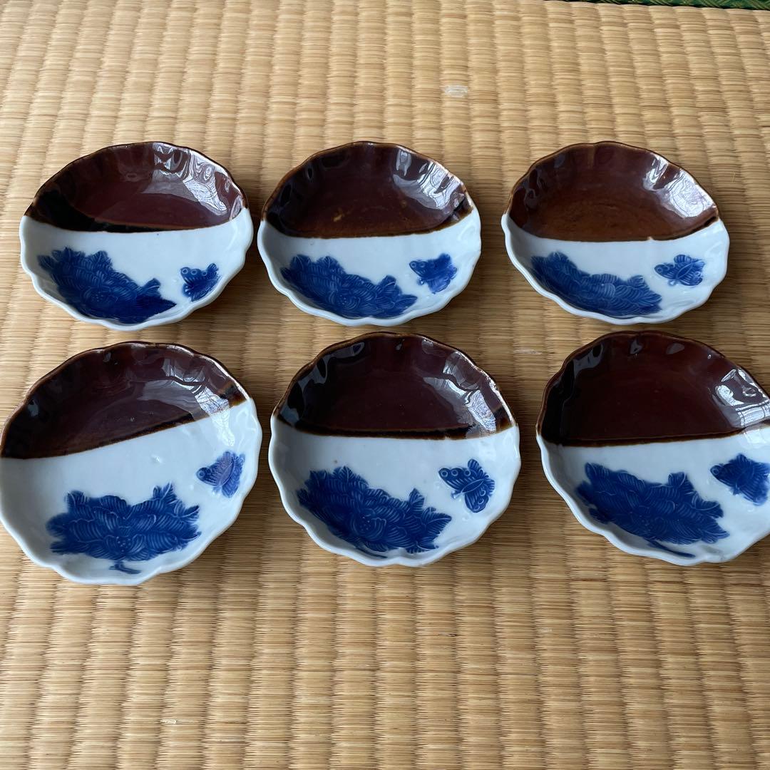 掛分け蝶牡丹紋 小皿　6客　吸坂　染付　豆皿　八寸にも
