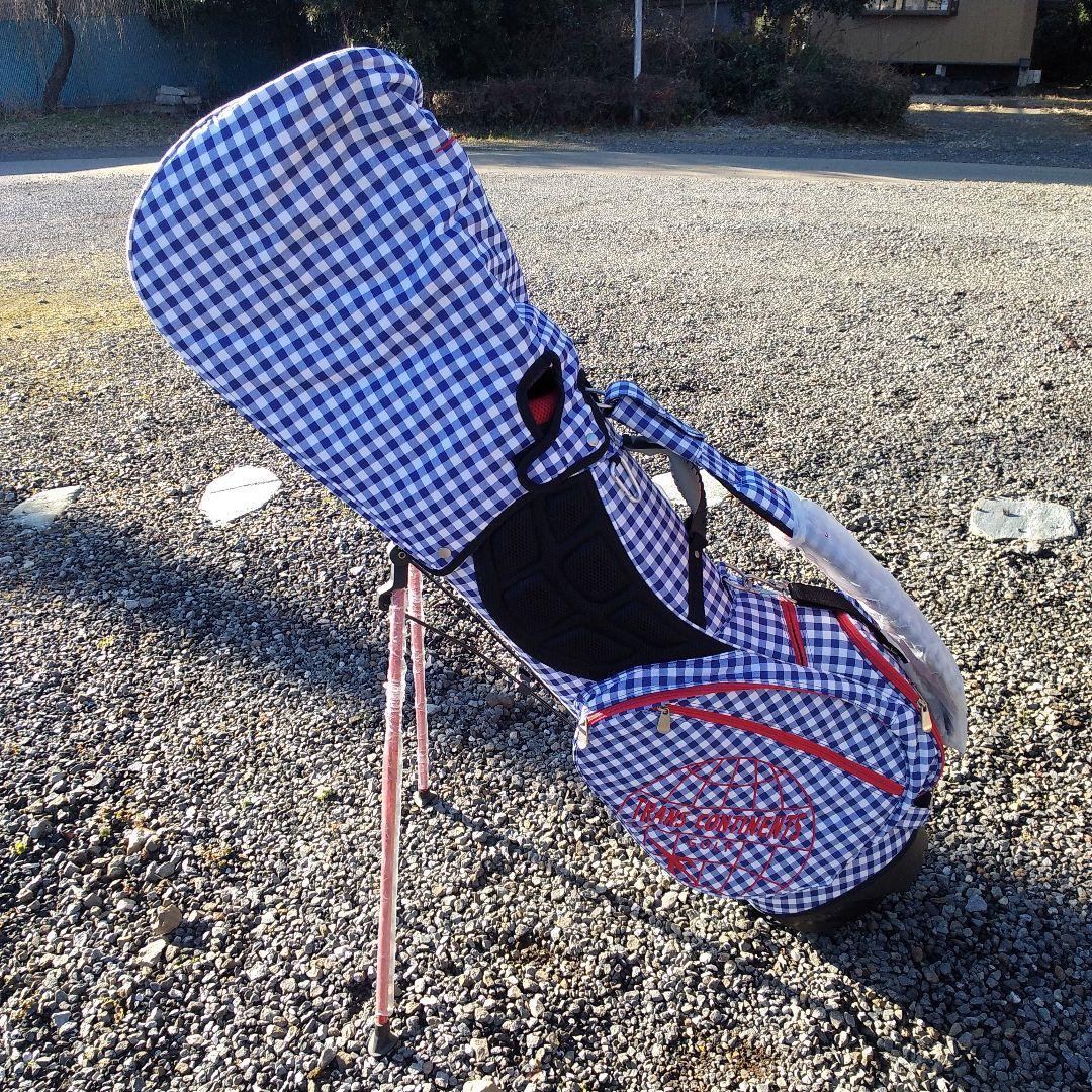トランスコンチネンツ　キャディバッグ　スタンド式　チェック　青✕赤　中古