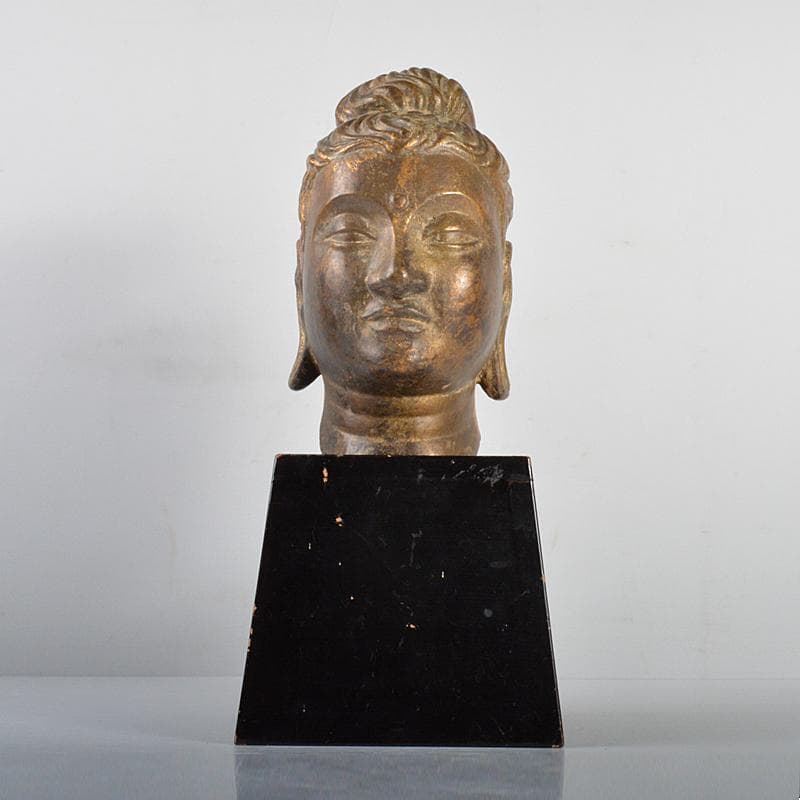 マツ　仏教美術　古銅鍍金　仏頭　仏像　木製台付　D R4397C
