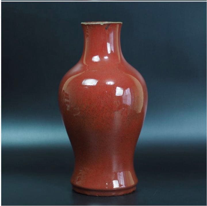 送料無料　　清時代乾隆年辰砂花瓶　高38ｃｍ　口に難あり　中国古玩