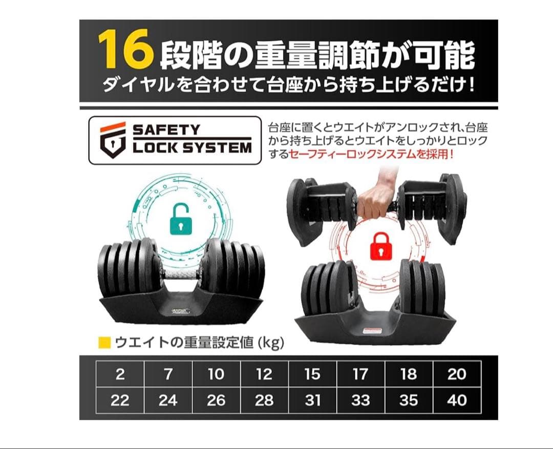 可変式ダンベル 40kg アジャスタブルダンベル
