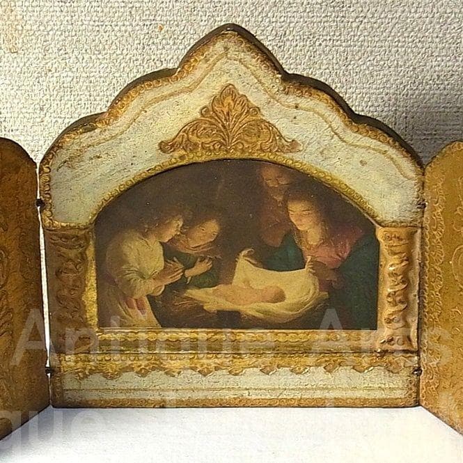 イタリア ヴィンテージ『観幼子イエスと聖母マリア』カルロ・ドルチ３枚続きの祭壇画
