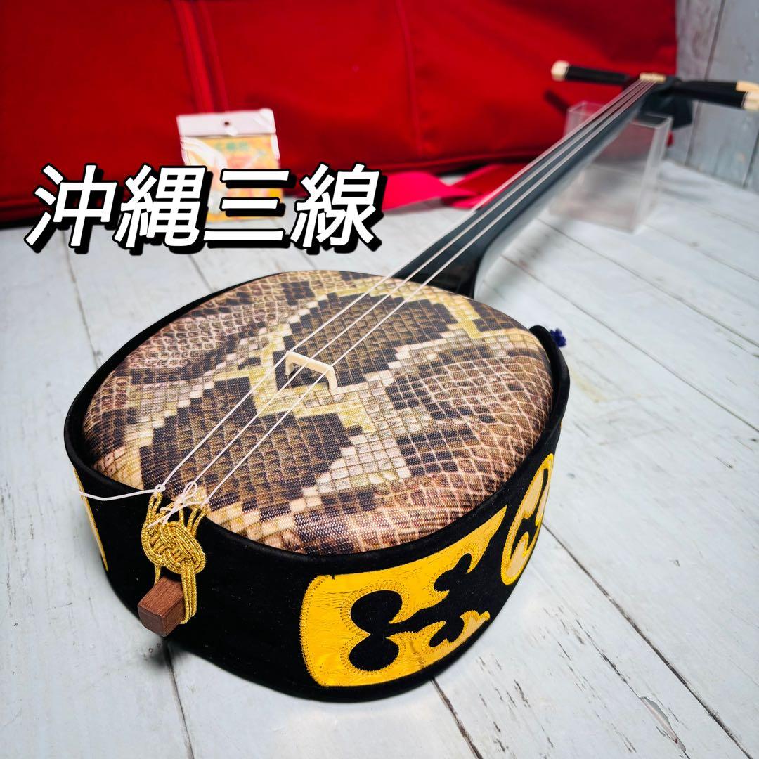 沖縄三線　人工皮　ケース付き　民族楽器　琉球　和楽器　弦楽器　三味線　美品