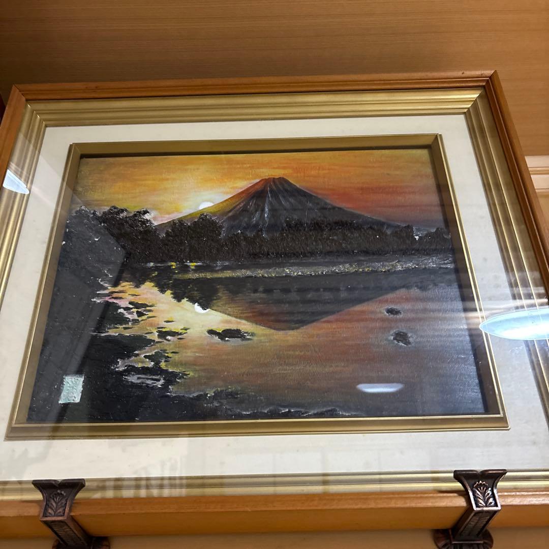 （早い者勝ち）赤富士の日本画 金色フレーム付き　夕日の赤富士山