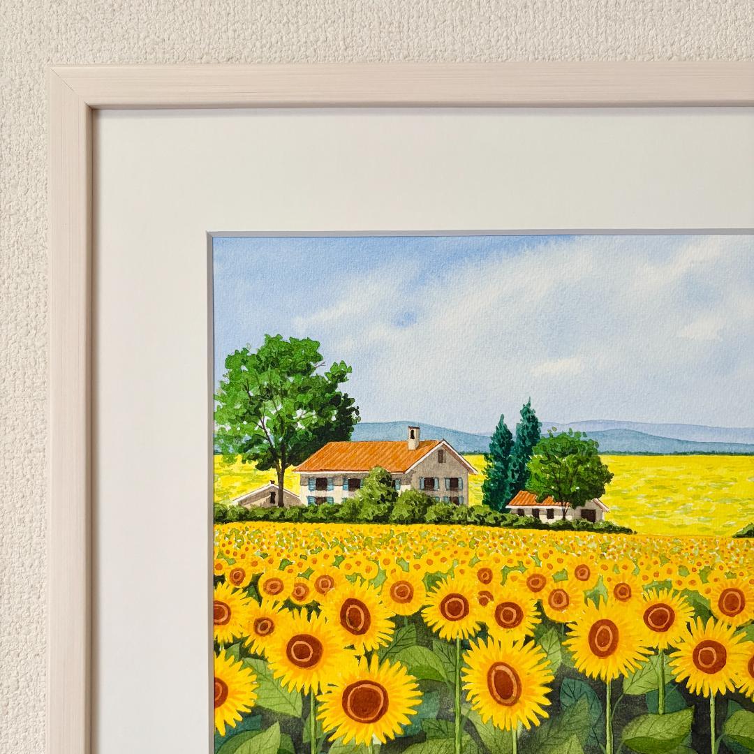 透明水彩画　原画　「ひまわり畑02」額縁付　４Fサイズ　風景画