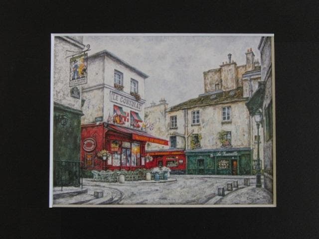 円池茂、【モンマルトルのレストラン】、希少な額装用画集画、新品高級額 額装付
