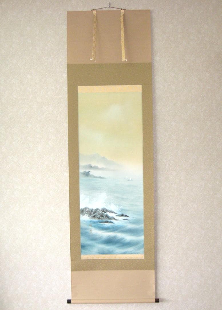 【特価掛け軸】彩色山水(夏の海の風景)◆田中祥堂 (真筆・新品) 共箱・タトウ箱