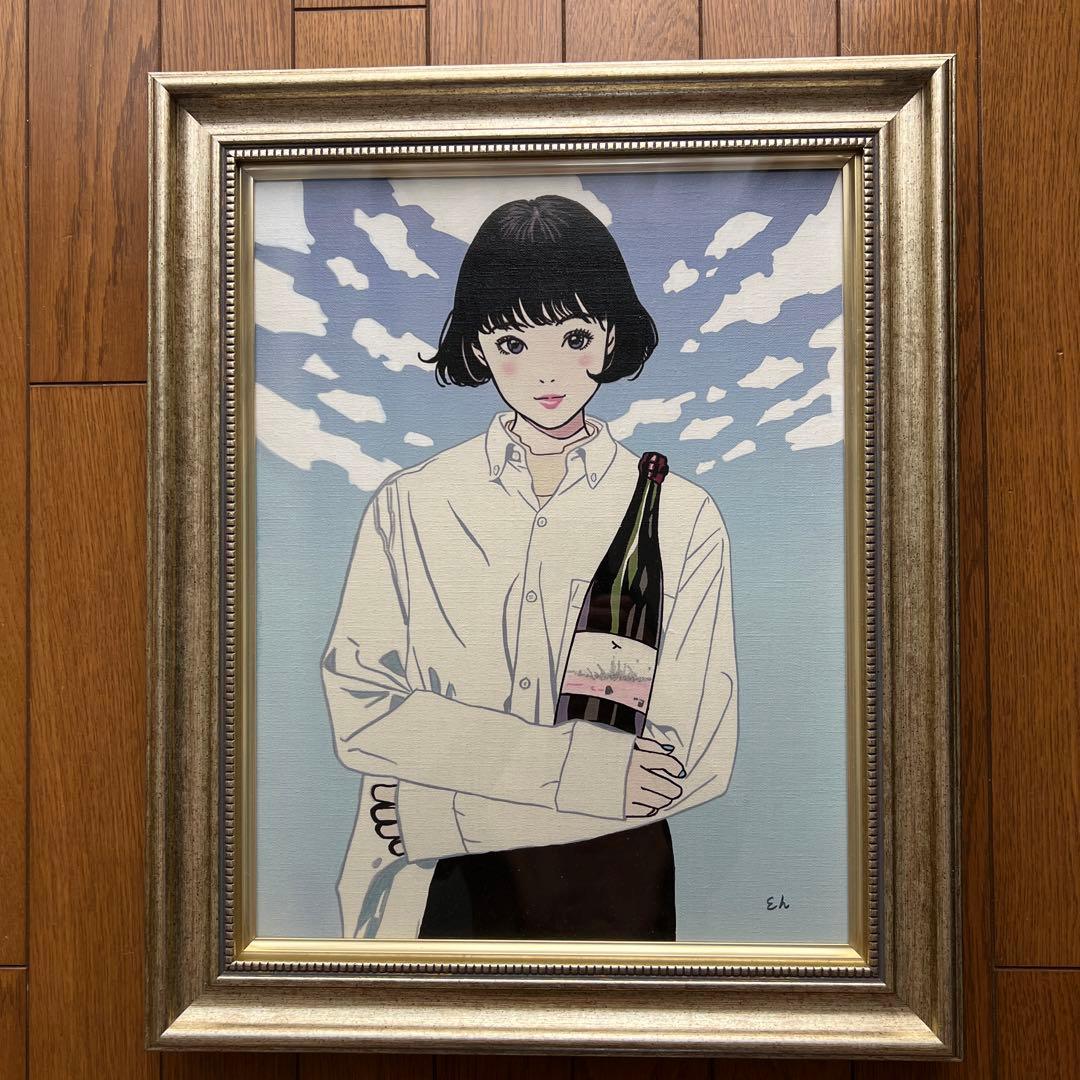 江口寿史　直筆イラスト　Yシャツとワインの女の子。