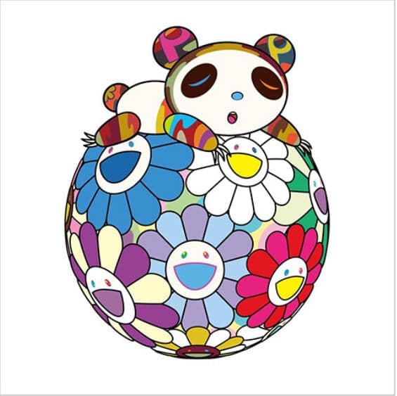 村上隆 版画 お花の玉の上にて、パンダの子供がすやすや。寝ています。