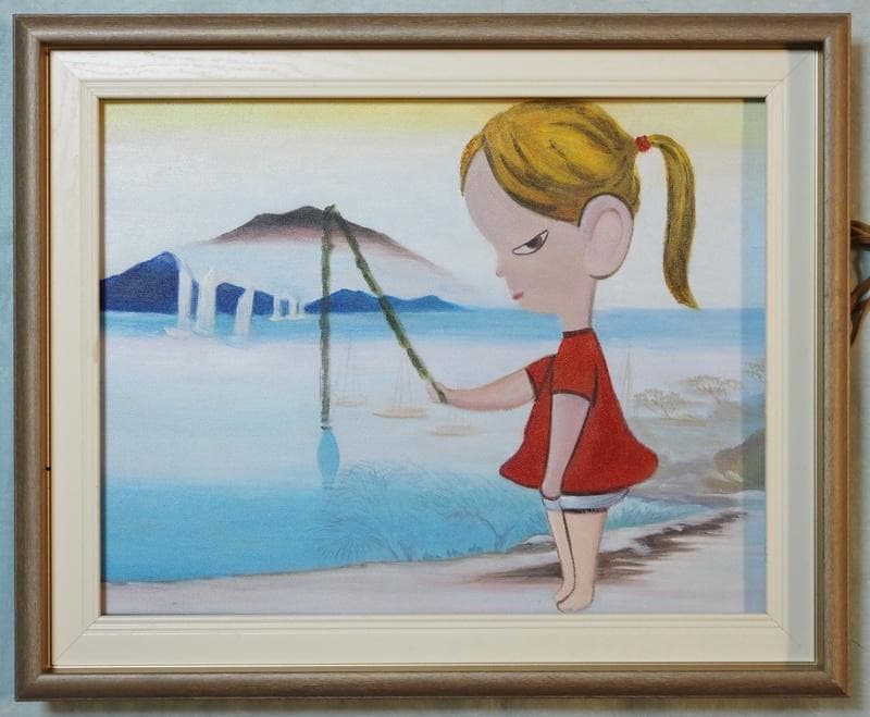 人物画　油絵　奈良美智　女の子と釣り　F6　額付き　手描き　肉筆