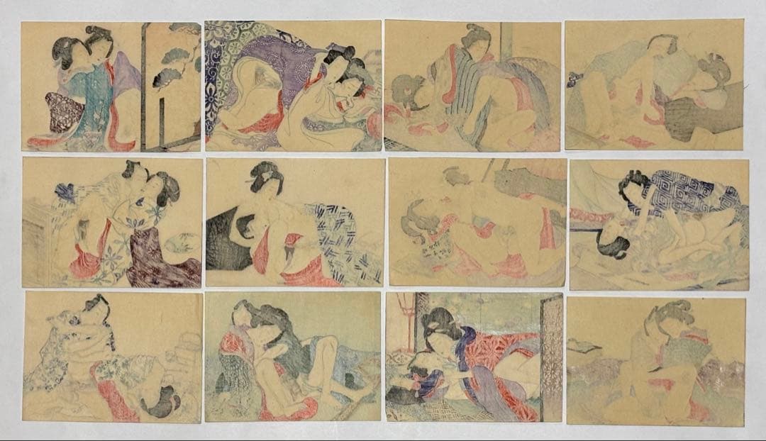 「ひよくの友」彩色木版画 明治頃刊 揃12枚|春画 艶本 わじるし 浮世絵 和本