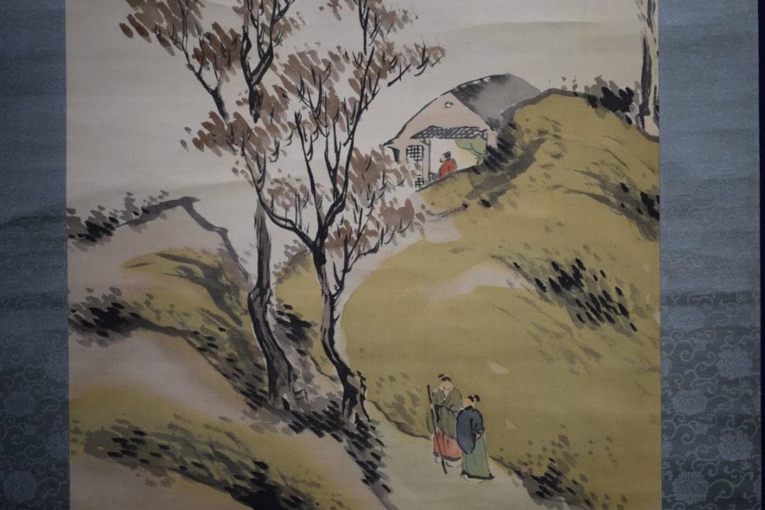 真作/福田浩湖/秋景山水人物図/桐共箱付/布袋屋掛軸HD-947