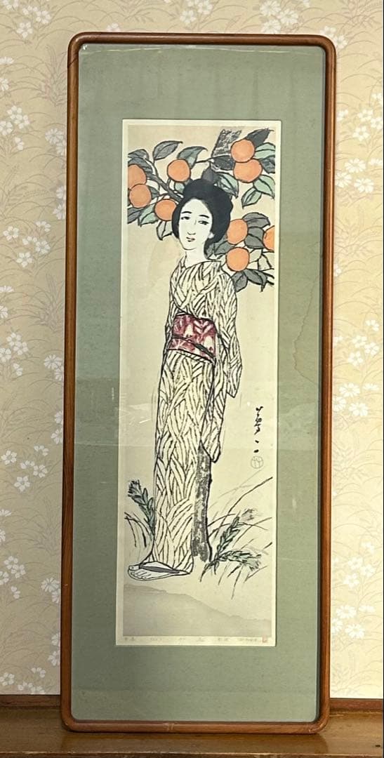竹久夢二 木版画 秋（りんどう） 73/150 フレーム付き 雕摺 松永安生