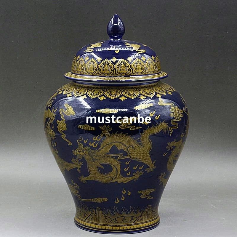 大清乾隆宝石藍蒔金竜紋将軍缶 景徳鎮 陶磁器 装飾品 現代工芸品 美術品 置物