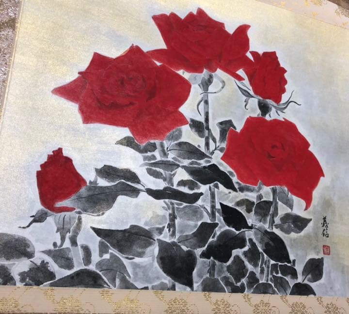 南義信　薔薇　掛け軸　掛軸　共箱あり　二重箱 24