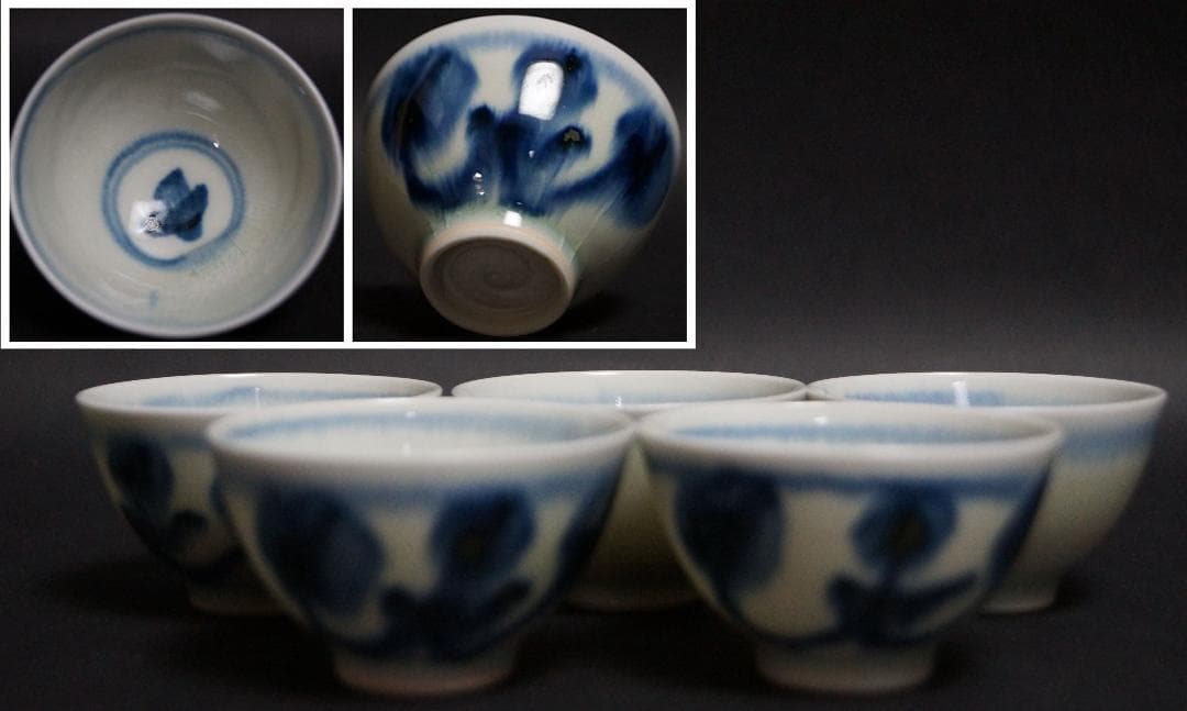 煎茶道具 古染付『鳥花図』煎茶碗五客セット/ 煎茶道具☆時代物☆4D0302