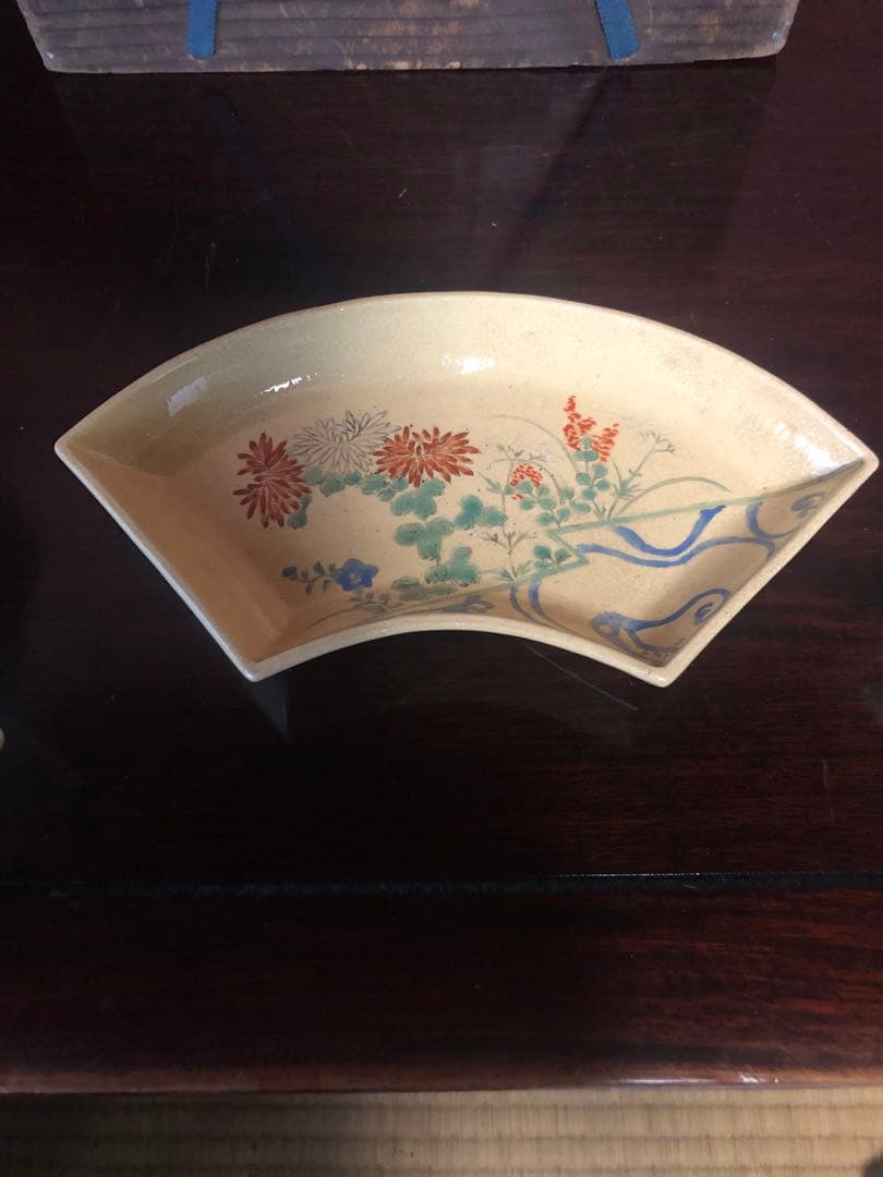 古い清水焼の色絵扇面形皿5客古箱入