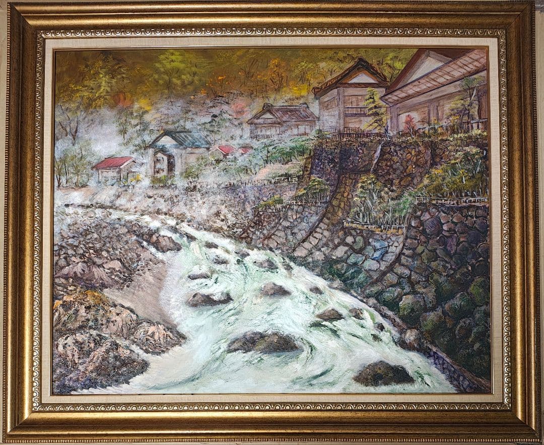 旅館装飾 F30号 大型 額縁 油絵 温泉街 昭和レトロ 店舗什器 アンティーク
