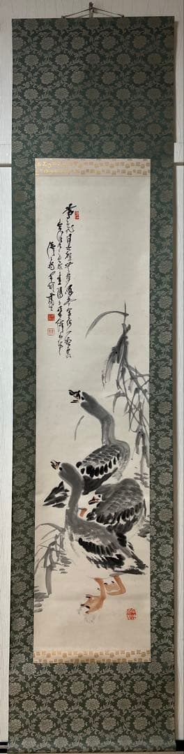 掛け軸　児玉果亭 絵［鴨ノ図］紙本　木箱付！